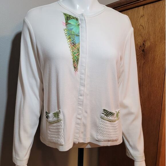 KD SPRING White Botanical Cardigan Sz Small Crochet Grannycore Kitschy Ferns - Picture 1 of 11